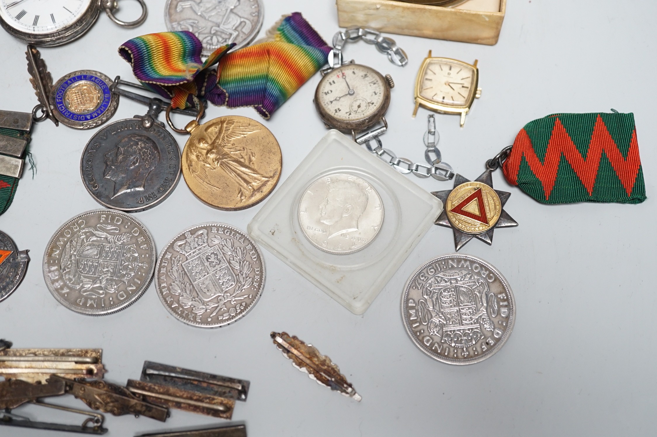 Mixed wrist and pocket watches including a silver cased Audax, a silver cased lady's Jagot and a military Moeris pocket watch, together with assorted medals etc.